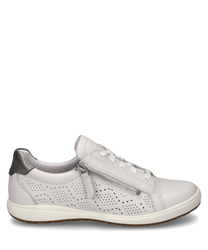 The sneaker in white-platinum features a modern design with lacing and a decorative zipper on the side. The upper material is perforated and made of high-quality leather accented with a contrasting heel cap.