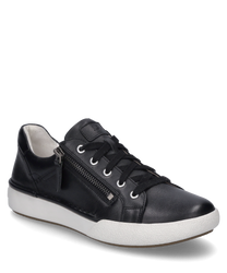 Czarny sneaker ze skóry z sznurówką i bocznym zamkiem błyskawicznym. Jasnoszara podeszwa kontrastuje z ciemnym wierzchem.