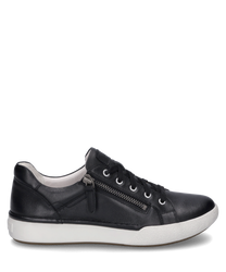 Czarny sneaker ze skóry z sznurówką i bocznym zamkiem błyskawicznym. Jasnoszara podeszwa kontrastuje z ciemnym wierzchem.