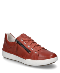 Der Sneaker in der Farbe Hibiscus besteht aus hochwertigem Leder und verfügt über eine Schnürung und einen seitlichen Reißverschluss. Die weiße Sohle und die dezente Naht verleihen dem Schuh einen modernen Look.