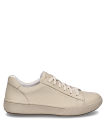 Une sneaker couleur sable avec lacets fabriquée en matériau lisse. La chaussure a un look simple et élégant avec une semelle légèrement profilée.