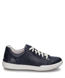 The sneaker in indigo color is made of smooth leather and features white laces. The sole is made of durable white rubber giving the shoe a modern look.