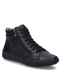 La sneaker di colore nero è realizzata in pelle liscia e presenta una chiusura con lacci e una cerniera laterale. La robusta suola nera offre ulteriore supporto e comfort.