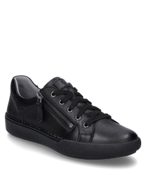 The sneaker in black-black impresses with its elegant black leather design and features practical lacing as well as a side zipper for added comfort.