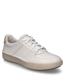 A white sneaker with lacing made of smooth leather. The shoe has a beige sole and subtle perforations on the sides for breathability.