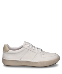 A white sneaker with lacing made of smooth leather. The shoe has a beige sole and subtle perforations on the sides for breathability.