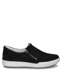 This black sneaker made of soft leather features a practical side zipper. The white sole provides a fashionable contrast while offering high wearing comfort.