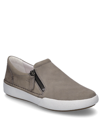 Gray leather sneaker with side zipper. Perforated upper for breathability contrasting white sole for a modern look.
