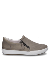 Gray leather sneaker with side zipper. Perforated upper for breathability contrasting white sole for a modern look.