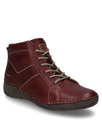 Die Stiefelette aus braunem Leder hat eine markante Schnürung und kontrastierende Nähte. Sie bietet einen robusten aber stilvollen Look mit einer profilierten Sohle für optimalen Halt.