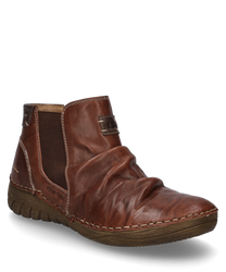 Die Stiefelette aus braunem Leder besticht durch ihren rustikalen Look und das weiche geraffte Materialdesign. Sie verfügt über einen praktischen Reißverschluss und eine robuste profilierte Sohle für optimalen Halt.