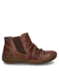 Die Stiefelette aus braunem Leder besticht durch ihren rustikalen Look und das weiche geraffte Materialdesign. Sie verfügt über einen praktischen Reißverschluss und eine robuste profilierte Sohle für optimalen Halt.