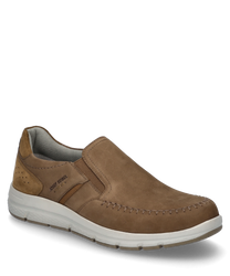 Brown lace-up shoe with elastic closure made of soft leather. The shoe features light gray inserts and a white rubber sole that provides comfort and style.