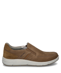 Brown lace-up shoe with elastic closure made of soft leather. The shoe features light gray inserts and a white rubber sole that provides comfort and style.