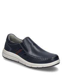 Der Halbschuh ist aus dunkelblauem Leder gefertigt und verfügt über einen praktischen Gummizugverschluss. Die weiße Sohle und roten Ziernähte verleihen dem Schuh einen modernen Look.