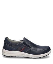 Der Halbschuh ist aus dunkelblauem Leder gefertigt und verfügt über einen praktischen Gummizugverschluss. Die weiße Sohle und roten Ziernähte verleihen dem Schuh einen modernen Look.
