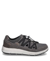 Gray lace-up shoe made of leather and textile material. The shoe features black diagonal stripes and a white sole that provides comfort.