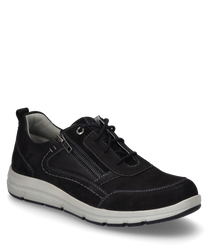 Black leather lace-up shoe with side zipper. The shoe features a light sole and contrasting stitching for a sporty look.