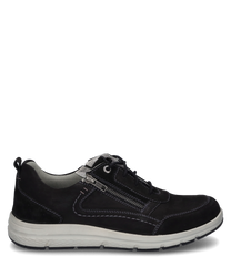 Black leather lace-up shoe with side zipper. The shoe features a light sole and contrasting stitching for a sporty look.