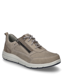 Beiger Halbschuh aus Leder mit Schnürung und seitlichem Reißverschluss. Der Schuh hat eine helle profilierte Sohle und dezente Ziernähte die dem sportlich-eleganten Design eine besondere Note verleihen.
