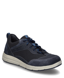 Dark blue lace-up shoe made of smooth and textured material. The shoe features a light profiled sole and is ideal for a casual style.