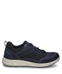 Dark blue lace-up shoe made of smooth and textured material. The shoe features a light profiled sole and is ideal for a casual style.