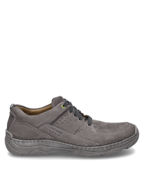 The shoe is a low-cut style with a lacing closure made from grey suede material. It features subtle stitching details and a comfortable sole designed for everyday wear.
