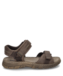 Sandalo marrone con chiusura in velcro realizzato in pelle robusta. Il sandalo offre una soletta imbottita per un comfort aggiuntivo.