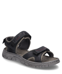 The sandal is made of black leather with gray accents and features a practical Velcro closure. The sturdy gray sole provides good grip while red stitching serves as a subtle design feature.