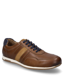 La chaussure en cuir marron a un laçage et des lacets bleus contrastants. Les caractéristiques particulières sont le design bicolore avec une zone de talon bleu foncé et une bande beige sur le côté ainsi que la semelle blanche.