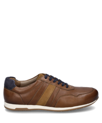 La chaussure en cuir marron a un laçage et des lacets bleus contrastants. Les caractéristiques particulières sont le design bicolore avec une zone de talon bleu foncé et une bande beige sur le côté ainsi que la semelle blanche.