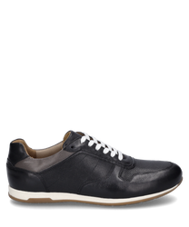 Elegant lace-up shoe made of black leather with white laces and a contrasting beige sole. The shoe features a subtle perforated pattern on the surface and a padded collar for extra comfort.