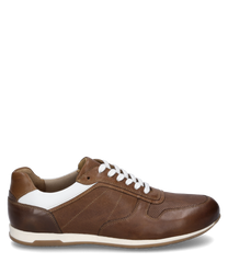 Der Halbschuh ist aus braunem Leder mit perforierten Details gefertigt und hat einen weißen Einsatz an der Ferse. Er verfügt über eine weiße Schnürung und eine helle Sohle die einen sportlichen Look verleiht.