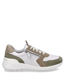 Baskets modernes avec lacets en cuir blanc avec des détails en daim olive et beige. Fermeture éclair latérale pour un enfilage et un retrait faciles sur une semelle en caoutchouc blanc durable.