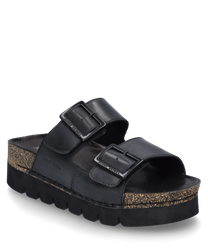 Il sandalo nero è dotato di una comoda chiusura in velcro e di una robusta soletta strutturata. Il design si distingue per una suola spessa e profilata e due ampie cinghie per un supporto ottimale.