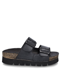 Il sandalo nero è dotato di una comoda chiusura in velcro e di una robusta soletta strutturata. Il design si distingue per una suola spessa e profilata e due ampie cinghie per un supporto ottimale.