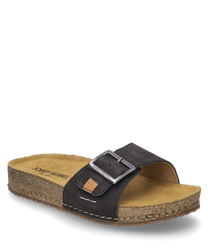 Sandalia negra con cierre de velcro fabricada con material duradero. La suela tiene una forma ergonómica y es de color marrón claro con un llamativo detalle de hebilla metálica en la correa.