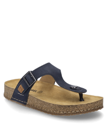 Infradito blu scuro con chiusura in velcro. La sandalo ha una soletta ergonomica in sughero marrone chiaro e una suola antiscivolo ideale per l'estate.