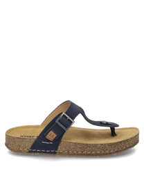 Infradito blu scuro con chiusura in velcro. La sandalo ha una soletta ergonomica in sughero marrone chiaro e una suola antiscivolo ideale per l'estate.
