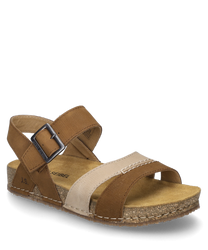 Braune Sandale mit Klettverschluss aus Leder gefertigt. Die Sohle ist aus Kork und die Riemen bieten einen hellen und dunklen Kontrast. Ideal für Komfort und Stil im Sommer.