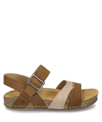 Braune Sandale mit Klettverschluss aus Leder gefertigt. Die Sohle ist aus Kork und die Riemen bieten einen hellen und dunklen Kontrast. Ideal für Komfort und Stil im Sommer.