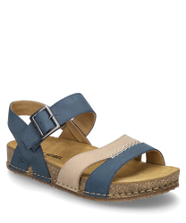 La sandale a une fermeture velcro et est en cuir bleu et beige. Elle dispose d'une semelle confortable en liège brun clair idéale pour le quotidien.