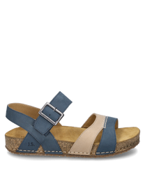 La sandale a une fermeture velcro et est en cuir bleu et beige. Elle dispose d'une semelle confortable en liège brun clair idéale pour le quotidien.