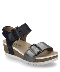 Esta sandalia en el color 'combinación basalto' se caracteriza por un cierre de velcro que permite un ajuste fácil. El diseño combina correas de cuero negras y plateadas con una suela cómoda de aspecto corcho.