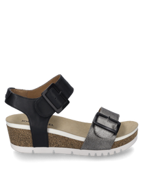 Esta sandalia en el color 'combinación basalto' se caracteriza por un cierre de velcro que permite un ajuste fácil. El diseño combina correas de cuero negras y plateadas con una suela cómoda de aspecto corcho.