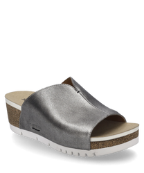 The sandal features a smooth silver upper with an elastic closure and a comfortable beige insole. The cork wedge heel provides stability and comfort while the white profile sole ensures good grip.