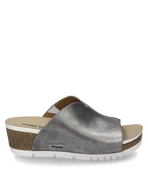 The sandal features a smooth silver upper with an elastic closure and a comfortable beige insole. The cork wedge heel provides stability and comfort while the white profile sole ensures good grip.