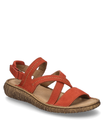 La sandalia de cuero rojo cuenta con un práctico cierre de velcro y está decorada con costuras en contraste. Tiene una suela cómoda y estructurada en marrón que ofrece un confort óptimo al caminar.