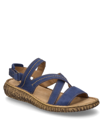 Blue-brown sandal with Velcro closure and open design. The sole is made of textured rubber while the straps are made of leather with striking stitches.