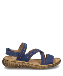 Blue-brown sandal with Velcro closure and open design. The sole is made of textured rubber while the straps are made of leather with striking stitches.